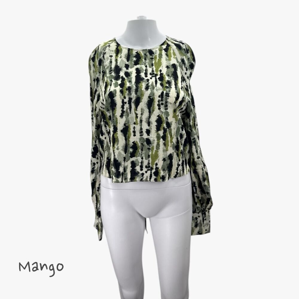 Mango Women's Puff Sleeve Cropped Blouse Back Tie in Abstract Print Sz 6